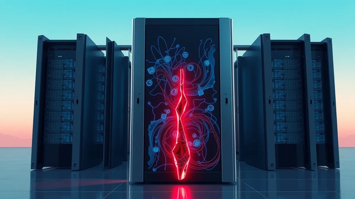 Illustration: A sleek database server sits in a sterile rack, its front panel glowing with abstract blue light patterns.