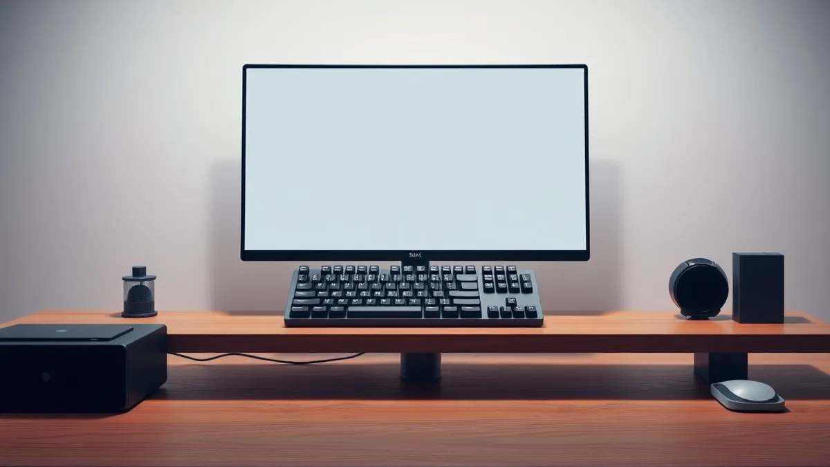 Illustration: A sleek mechanical keyboard sits on a clean wooden desk, with a single glowing cursor blinking on a blank monitor screen above it, symbolizing the quiet automation of