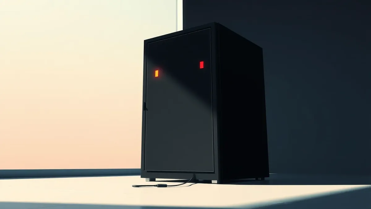 Illustration: A sleek black server unit sits in a dimly lit room with its access panel slightly ajar.