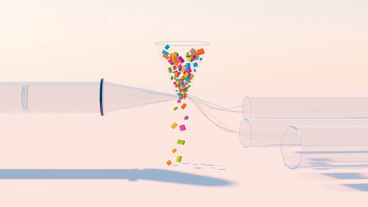 Illustration: A central glass funnel channels streams of colorful geometric shapes into a wide network of transparent tubes.