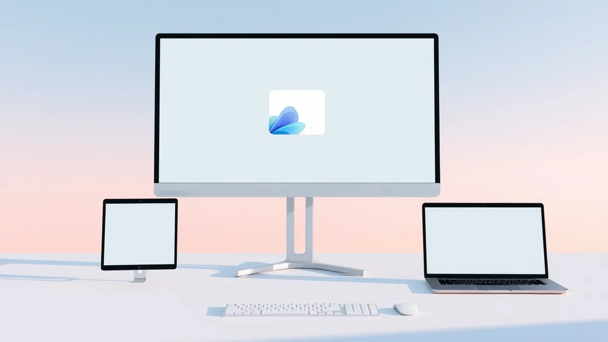 Illustration: A sleek desktop monitor displays a clean interface with a single prominent tile.