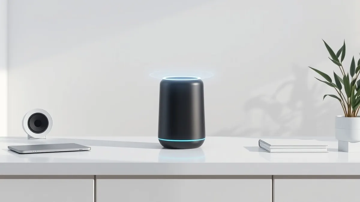 Illustration: A sleek, modern smart speaker sits on a minimalist white desk in a quiet office.