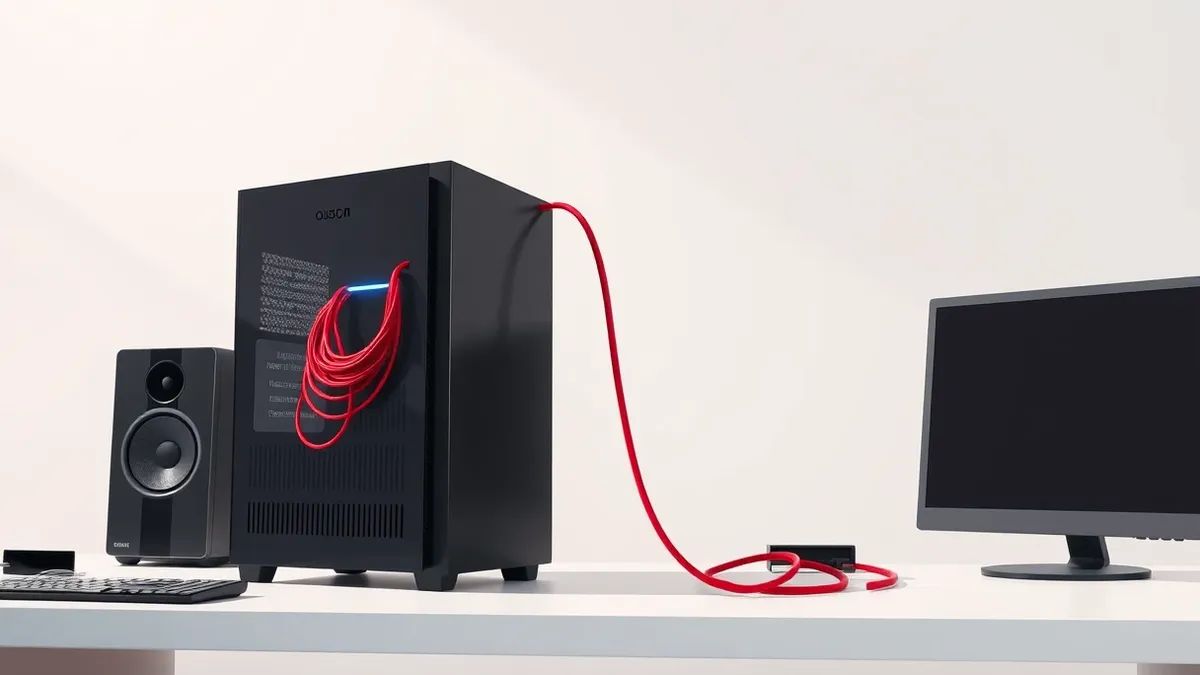 Illustration: A sleek black desktop computer tower sits on a clean white desk.
