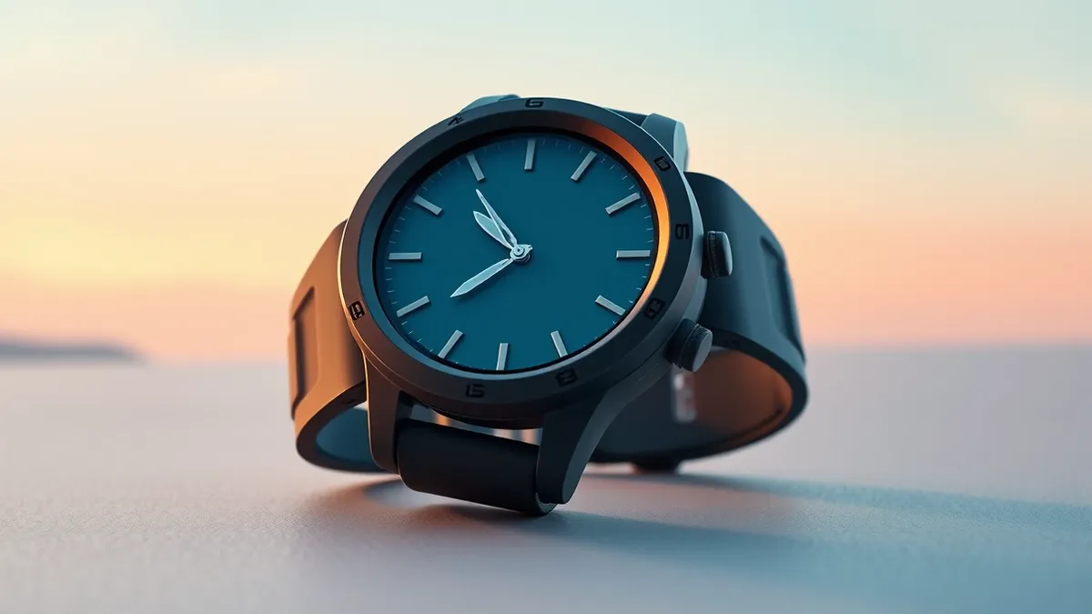 Illustration: A rugged hybrid smartwatch rests on a smooth surface, featuring a durable silicone strap and a circular analog dial with visible hour markers.