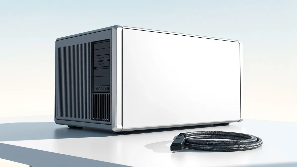Illustration: A sleek silver enterprise server sits on a clean white desk.