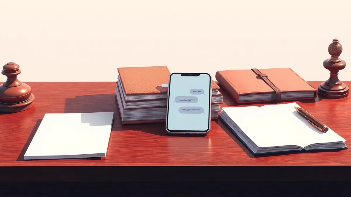 Illustration: A sleek smartphone rests on a polished mahogany desk next to a stack of crisp leather-bound ledgers and a single fountain pen.