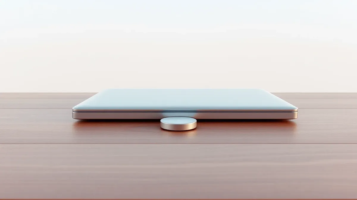 Illustration: A sleek silver laptop sits closed on a polished wooden desk.