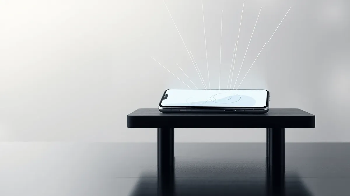 Illustration: A sleek smartphone rests on a dark wooden table, its screen displaying a blank, glowing interface with abstract geometric shapes pulsing in rhythm.