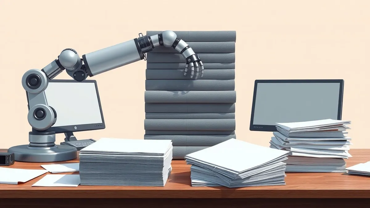 Illustration: A sleek silver robot arm carefully stacks blank grey ledgers on a cluttered wooden desk, while a stack of empty white papers slides off the edge toward the floor.