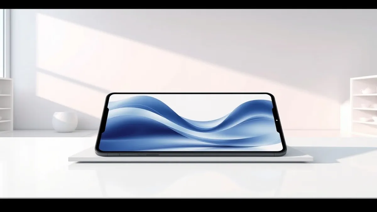 Illustration: A sleek foldable smartphone rests open on a clean white countertop in a minimalist retail space.