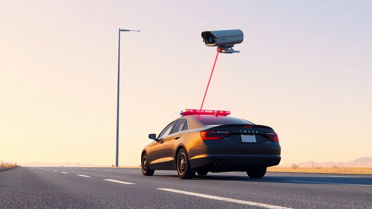 Illustration: A black police cruiser drives past a tall metal pole with a mounted camera.