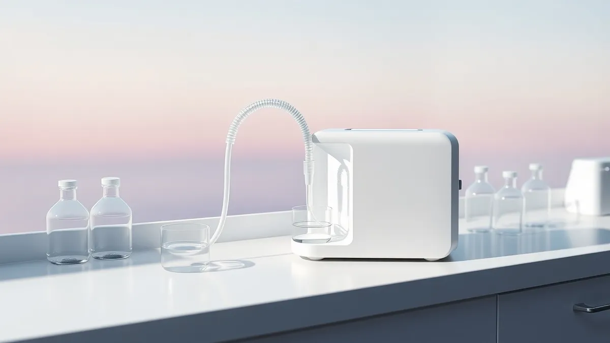 Illustration: A compact white medical device sits on a clean laboratory bench with soft tubing connecting to a small transparent reservoir.