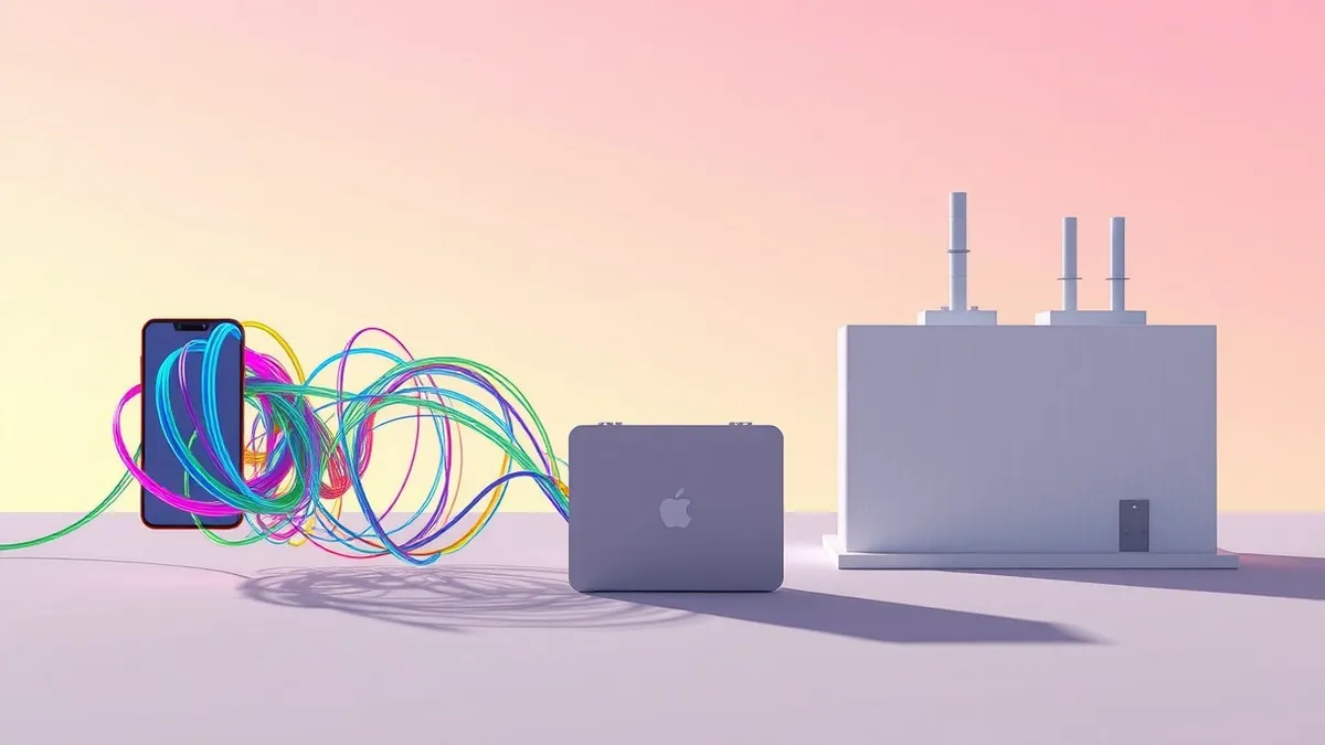 Illustration: A tangled knot of multicolored fiber optic cables untangles into neat, parallel streams.