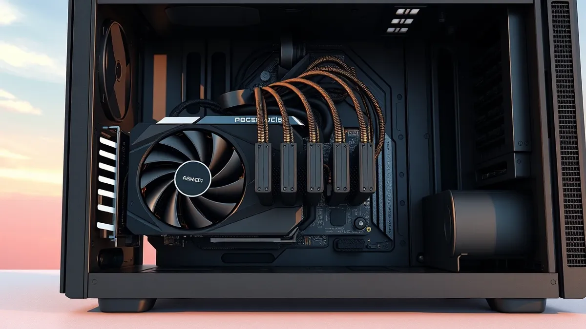 Illustration: A black graphics card sits inside a computer case with four thick eight-pin cables plugged directly into its side, completely bypassing the standard large connector.