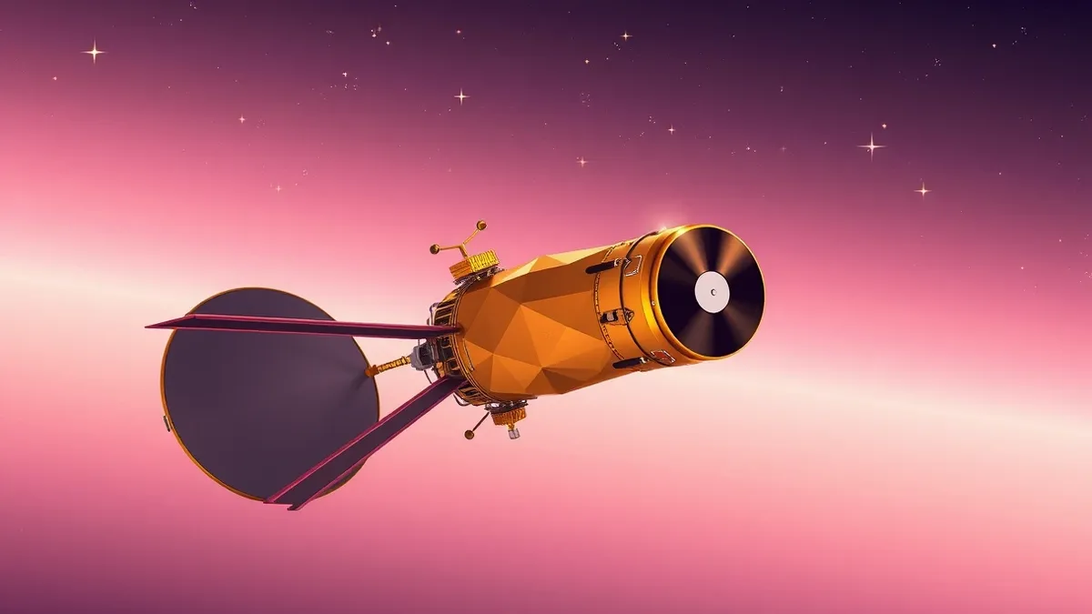 Illustration: A sleek gold-plated probe with extended antenna dishes drifts silently through deep space, its large dish antenna angled toward distant stars.
