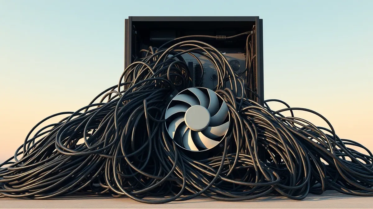Illustration: A tangled nest of thick black cables spills from an open server chassis, choking a small fan that spins frantically.