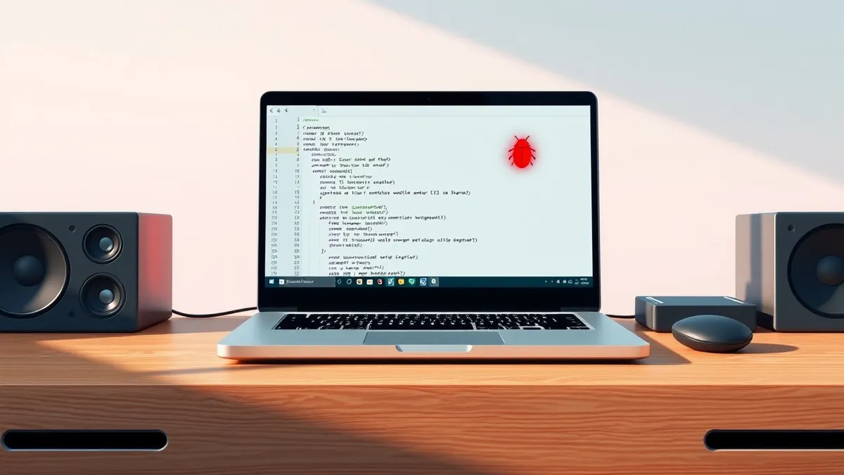 Illustration: A sleek laptop sits on a wooden desk, its screen displaying a simple code editor with generic brackets and lines.
