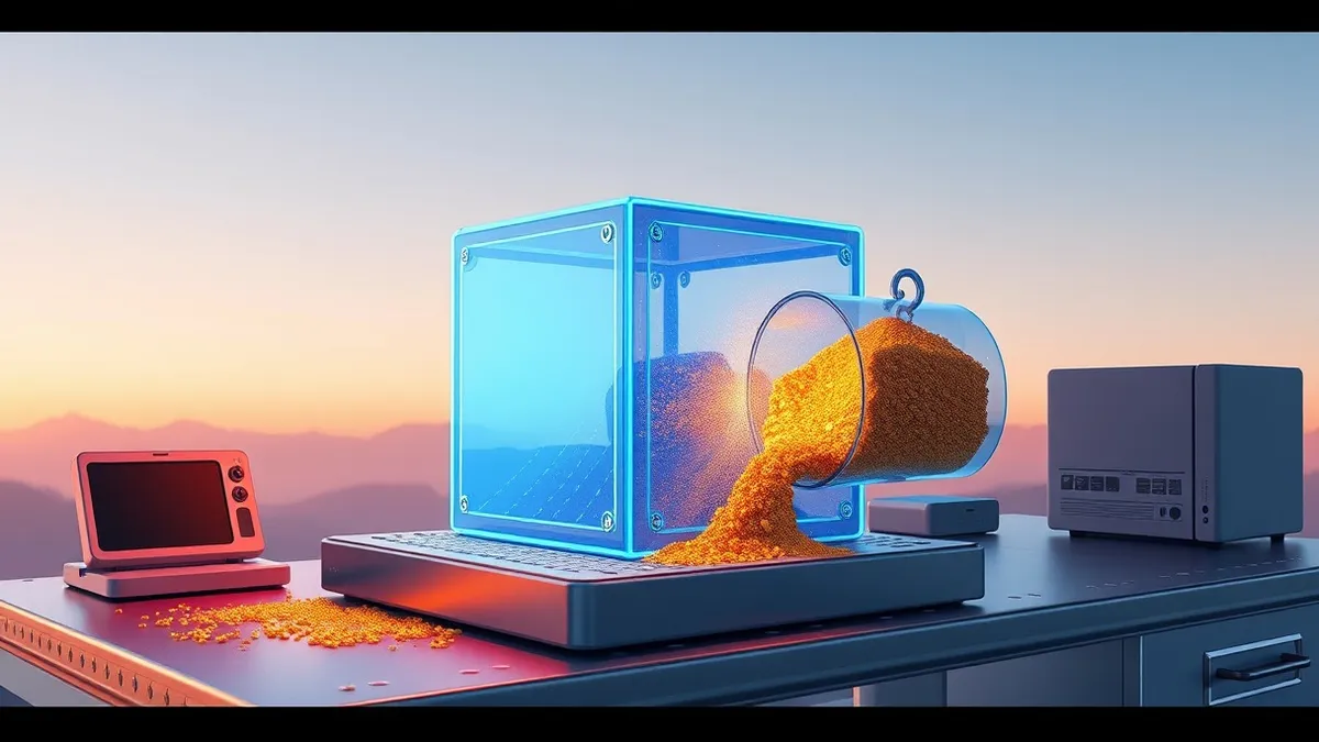 Illustration: A glowing blue cube representing a software cache sits on a metallic workbench.