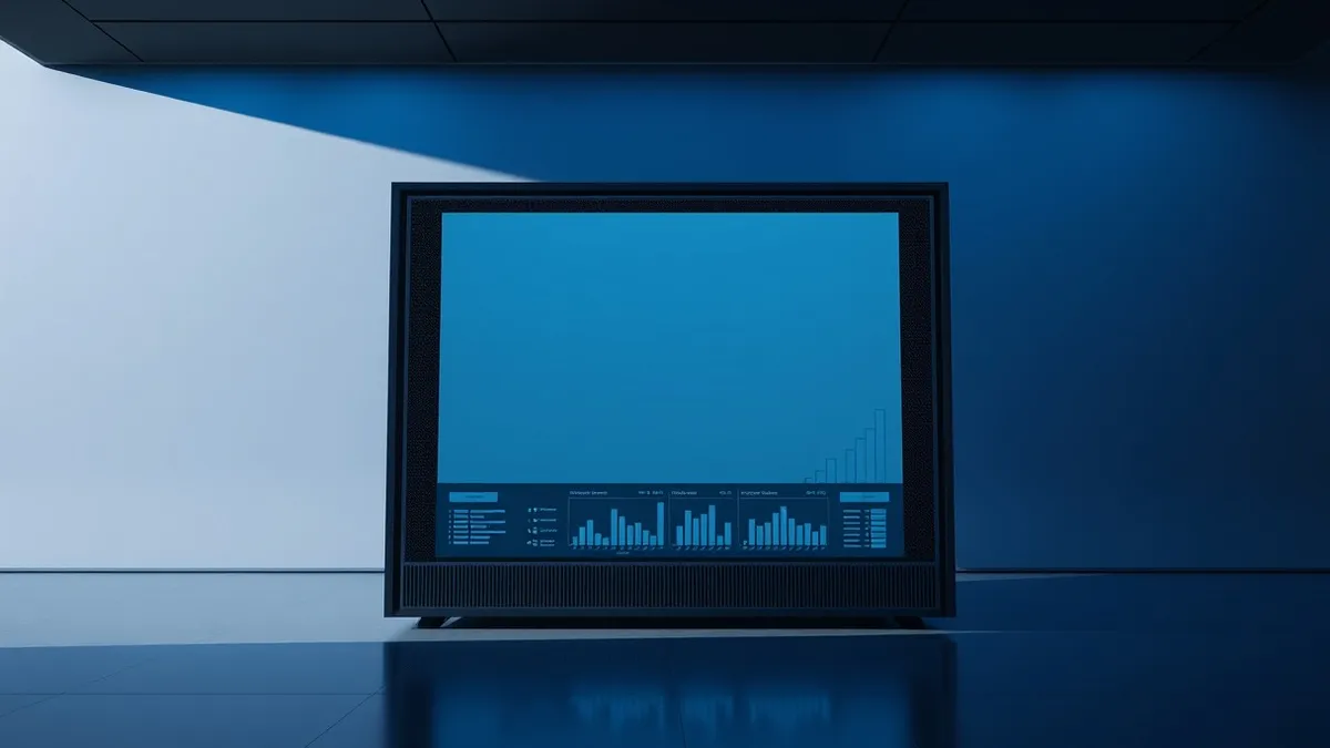 Illustration: A sleek artificial intelligence server sits in a dark room, its front panel displaying a large, solid gray block where detailed performance charts previously appeared