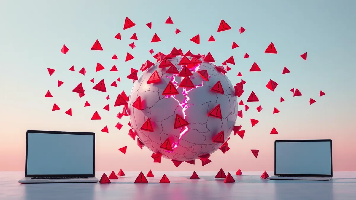 Illustration: A dense cluster of jagged red warning icons floats in mid-air, surrounding a large, cracked digital sphere.