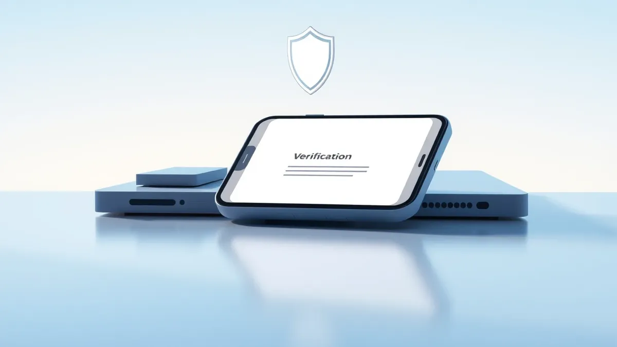 Illustration: A smartphone rests on a desk, its screen displaying a clean, abstract verification interface.