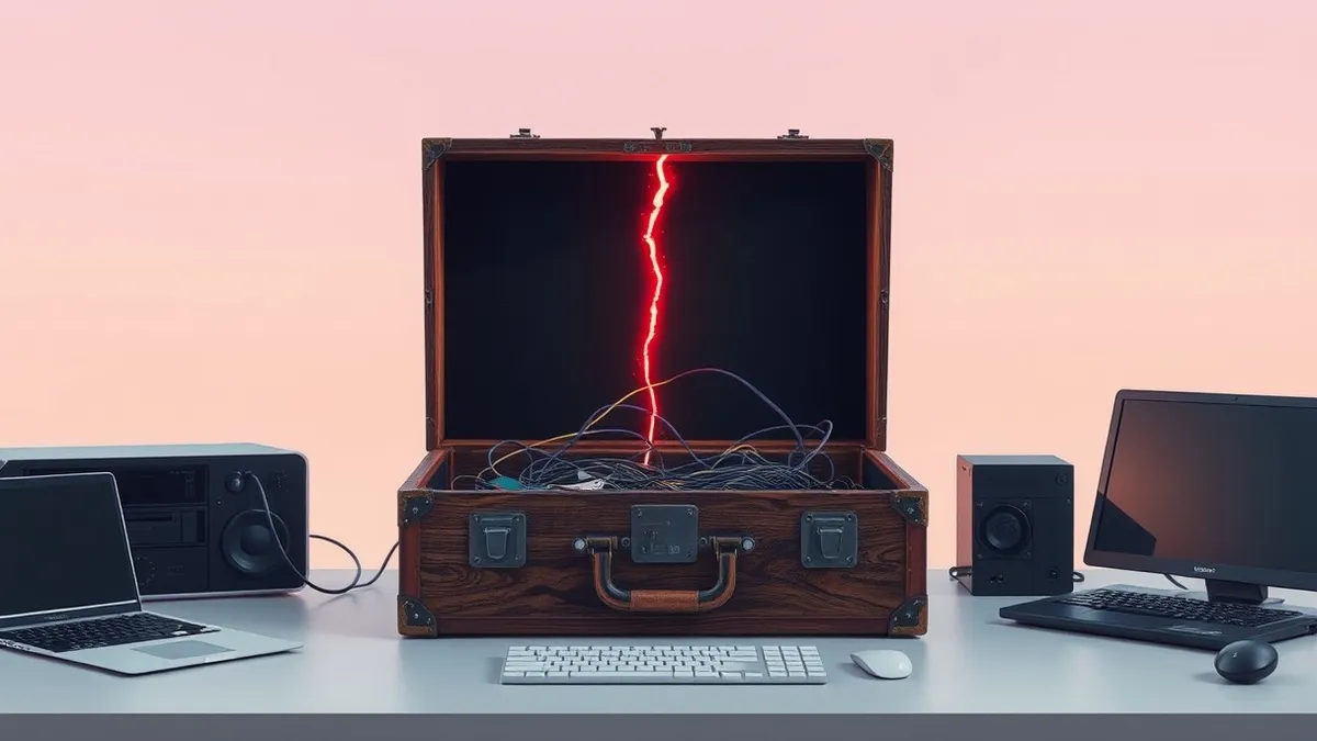 Illustration: A wooden travel trunk sits open on a desk, its contents replaced by tangled wires and circuit boards.