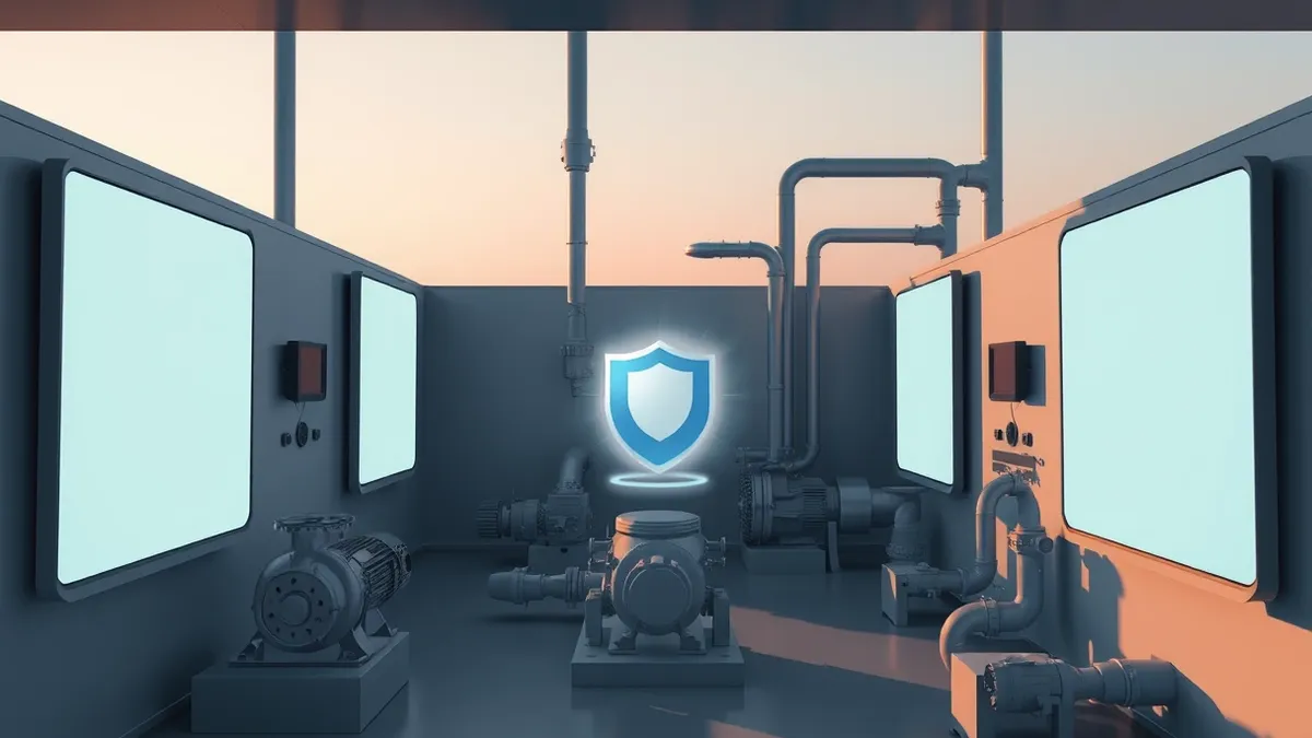 Illustration: A small utility control room contains industrial pumps and pipes with blank monitoring screens.