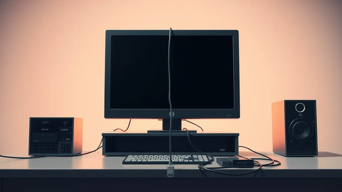 Illustration: A generic office desk holds a disconnected computer monitor and a tangled web of ethernet cables.
