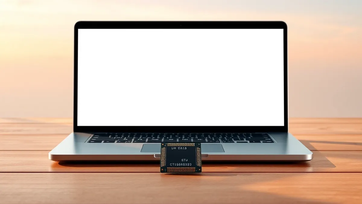 Illustration: A sleek silver laptop rests open on a wooden desk, its blank screen reflecting soft overhead light.