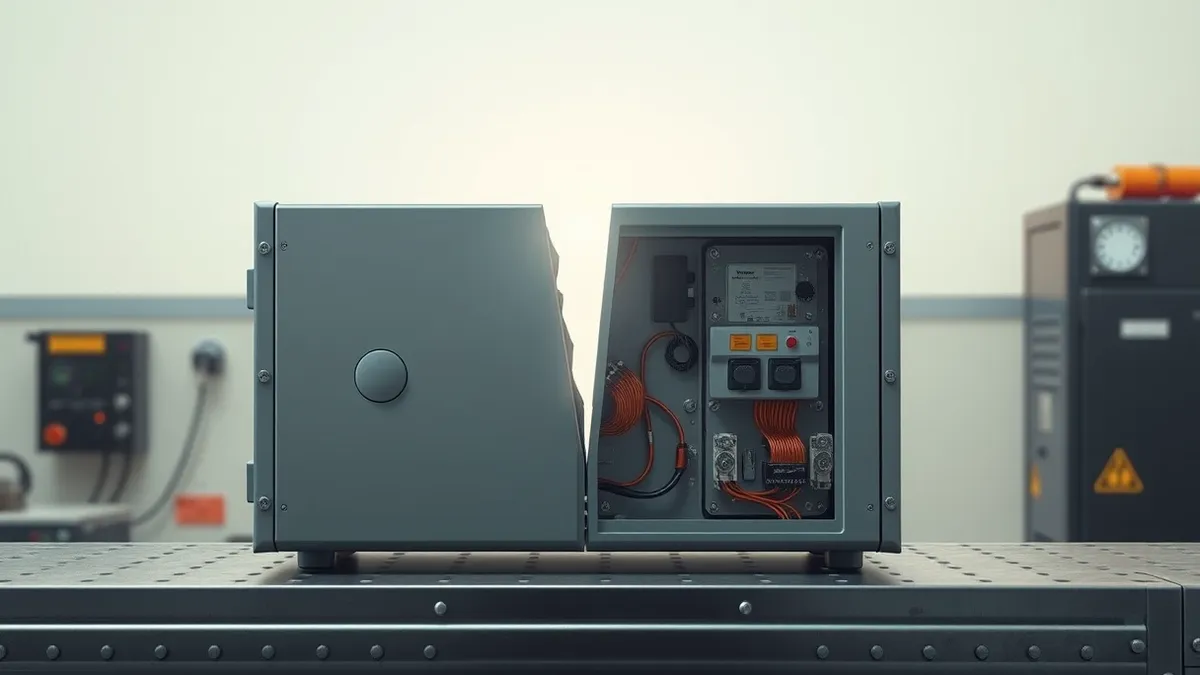 Illustration: A gray industrial drive controller unit sits on a metal workbench, its smooth front panel featuring a single circular status indicator lens.