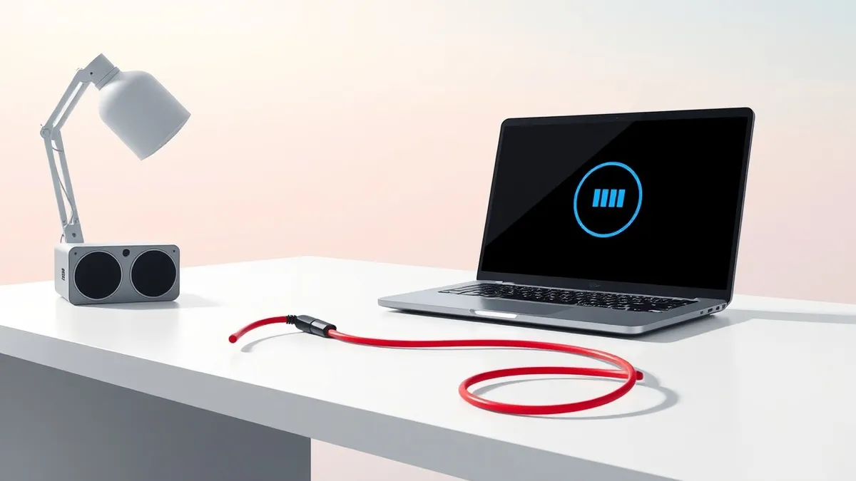 Illustration: A sleek black laptop sits on a clean white desk with its screen displaying a simple blue pause icon.