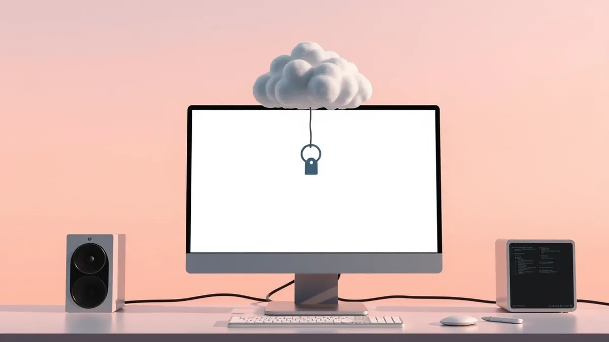 Illustration: A cloud backup icon sits suspended in mid air above a generic office computer monitor.