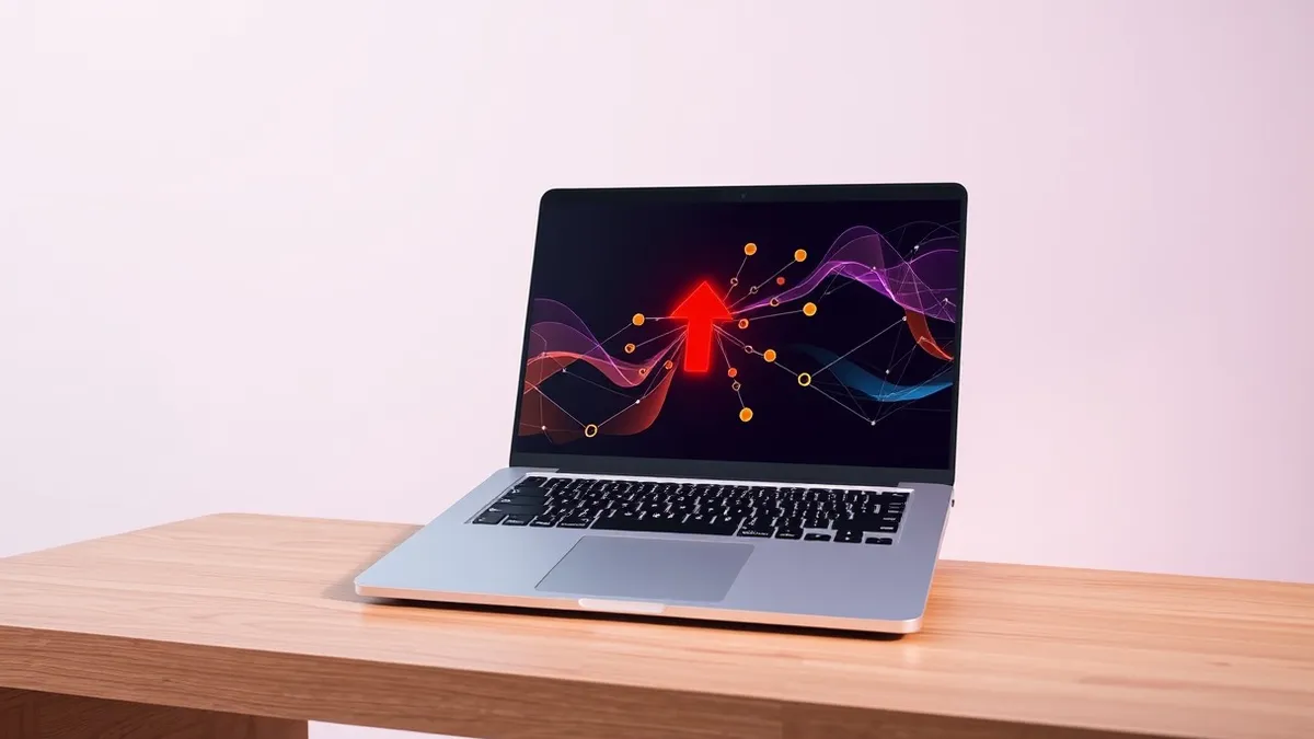 Illustration: A sleek silver laptop sits on a wooden desk with its lid open.