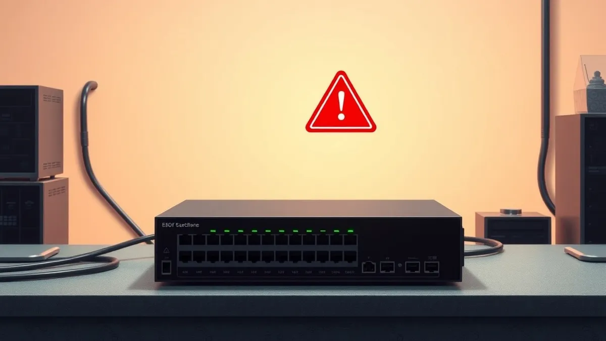 Illustration: A sleek black network switch sits on a workbench, its front panel glowing with steady green status lights.