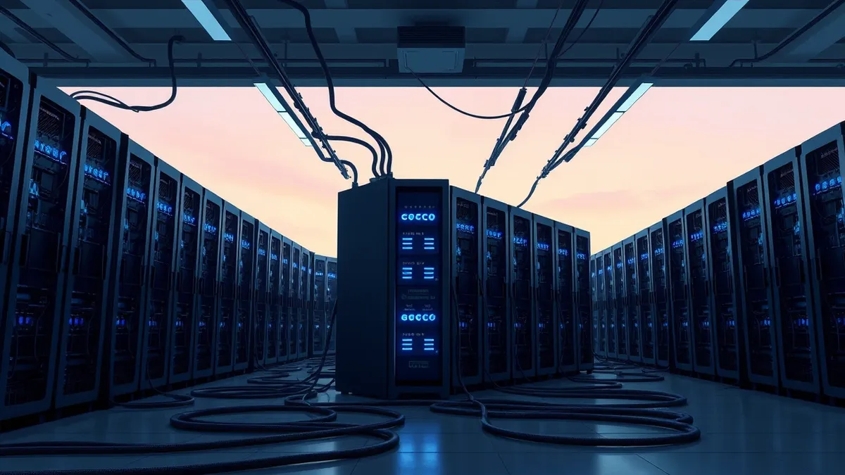 Illustration: A massive server farm with rows of black racks stands in a cool, dimly lit room.