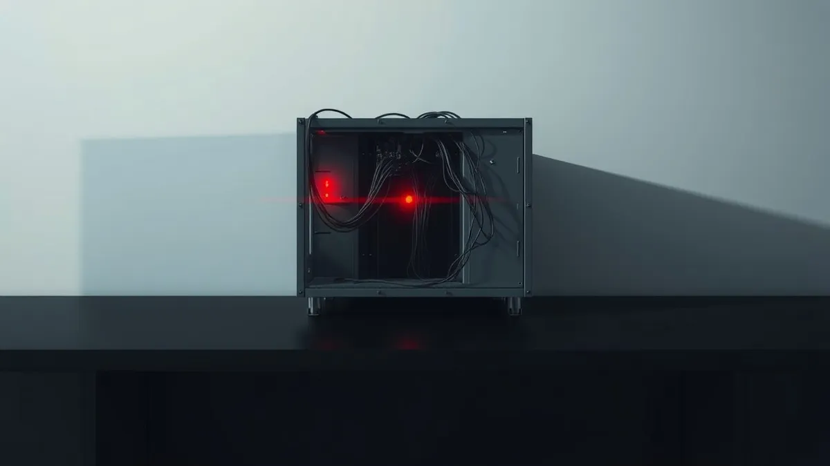 Illustration: A gray industrial server sits isolated on a dark desk, its metal casing cracked open to reveal tangled wires spilling out.