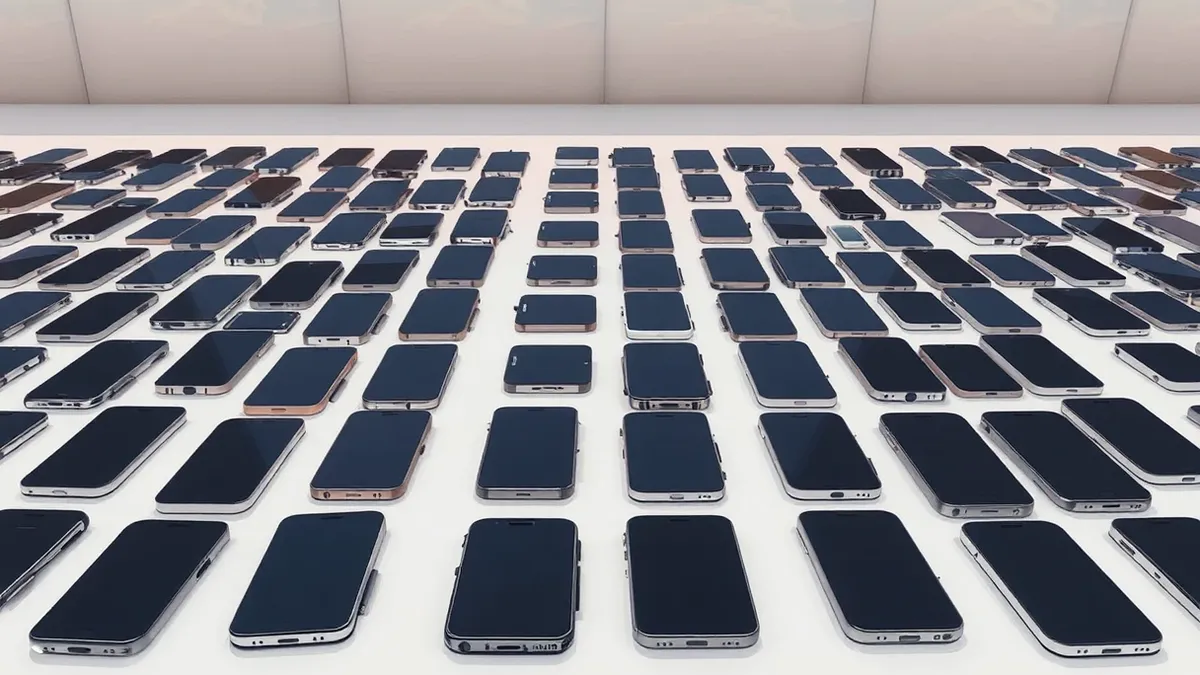 Illustration: Hundreds of blank smartphones lie scattered across a clean desk, their screens dark and reflecting overhead light.
