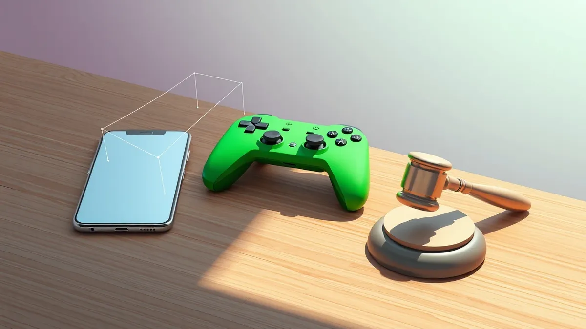 Illustration: A sleek silver smartphone sits on a wooden table next to a bright green gaming controller.