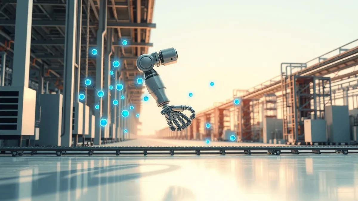 Illustration: A gleaming robotic arm on a factory assembly line pauses mid-motion, surrounded by floating abstract blue data nodes that connect to its joints.