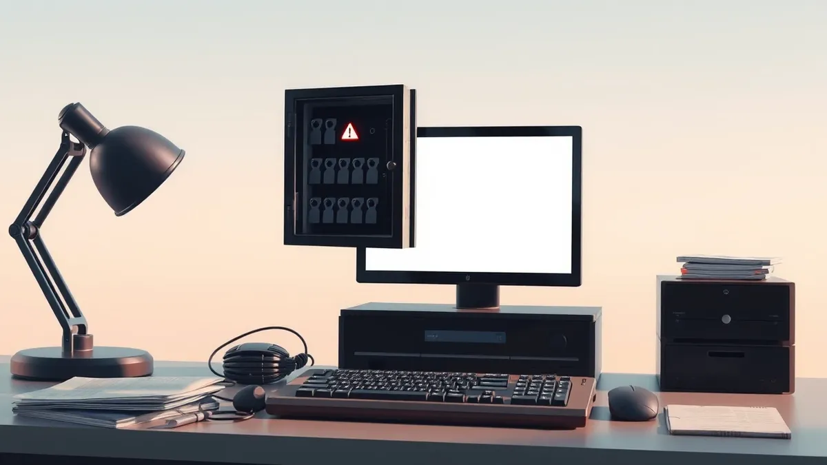 Illustration: A sleek black security testing console sits on a cluttered desk, its blank screen displaying a single red alert icon.
