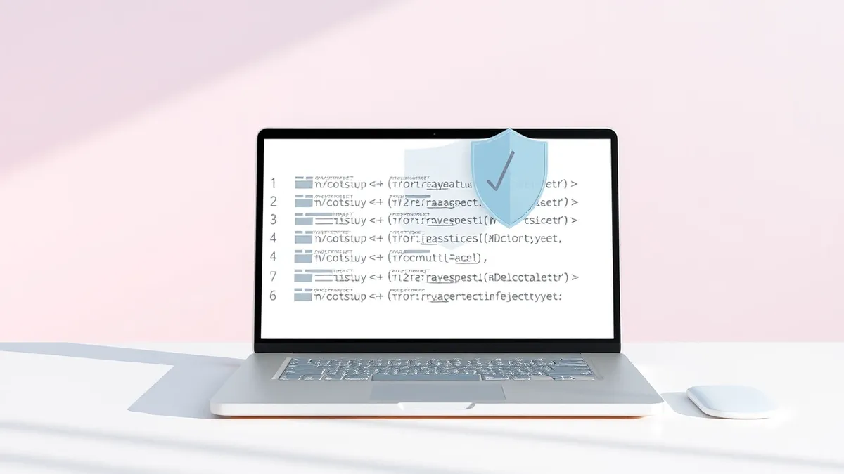 Illustration: A sleek laptop sits on a clean desk, its screen displaying rows of abstract geometric shapes representing code.