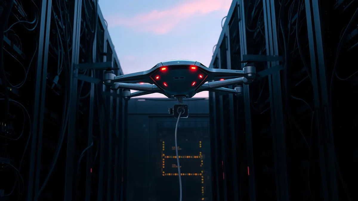 Illustration: A sleek, autonomous robotic drone hovers silently inside a dark, tangled server room.