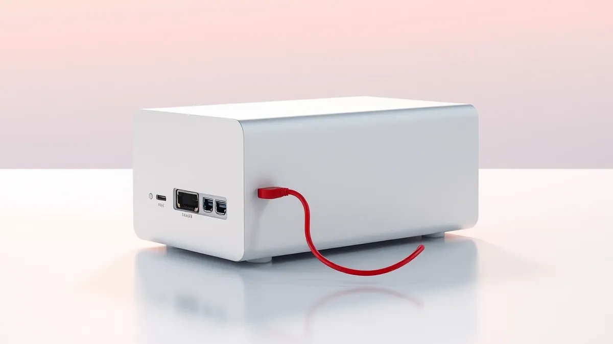 Illustration: A sleek silver hardware dock sits isolated on a white surface.
