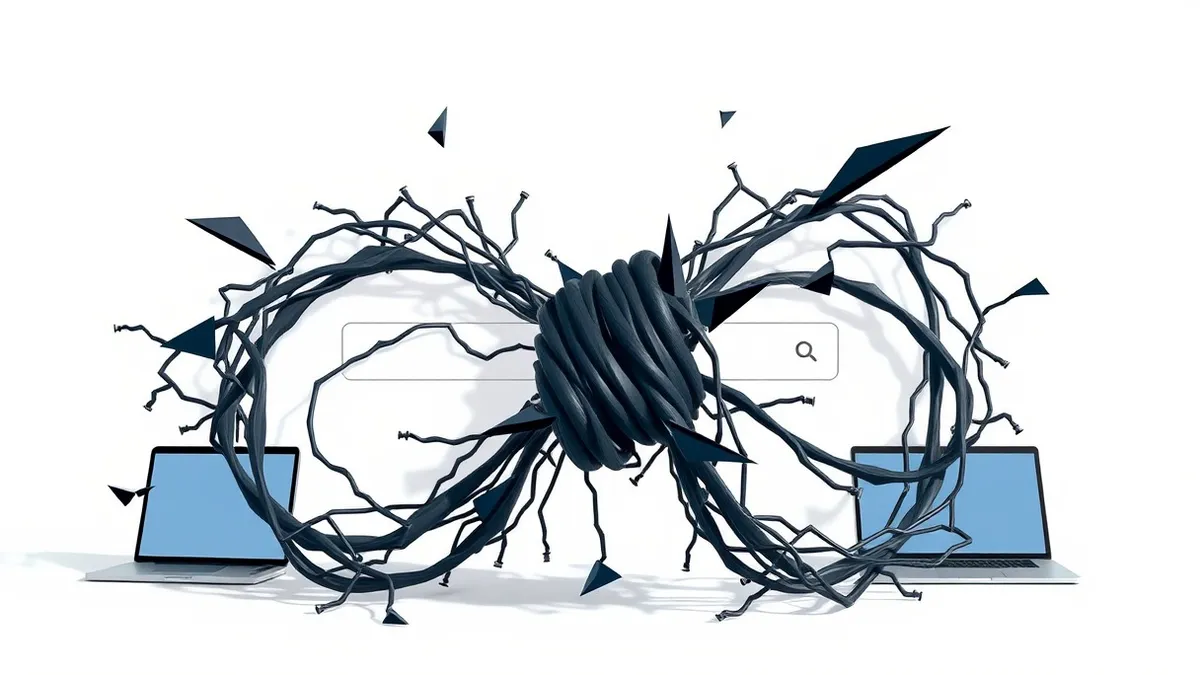 Illustration: A tangled knot of loose, jagged code strands threatens to unravel the structure of a sleek search bar interface.