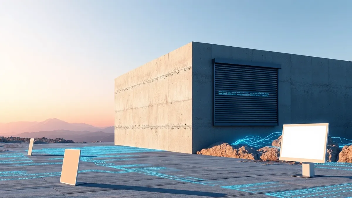 Illustration: A thick, grey concrete wall rises abruptly from a digital landscape, blocking a path of glowing blue data streams.