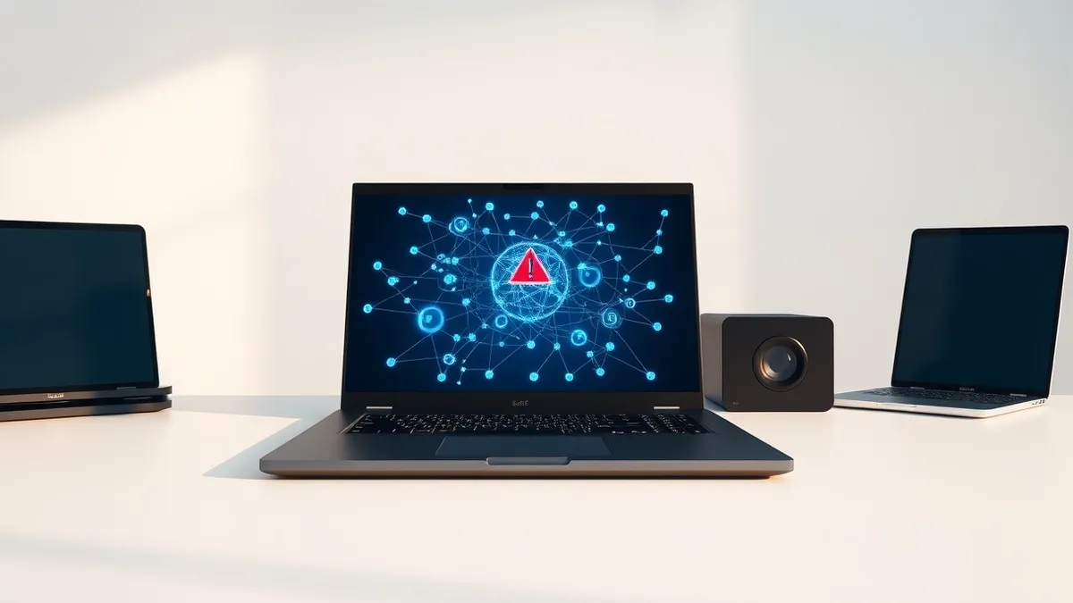 Illustration: A sleek matte black laptop sits open on a clean white desk, its screen displaying a complex network of glowing blue nodes and interconnected lines.