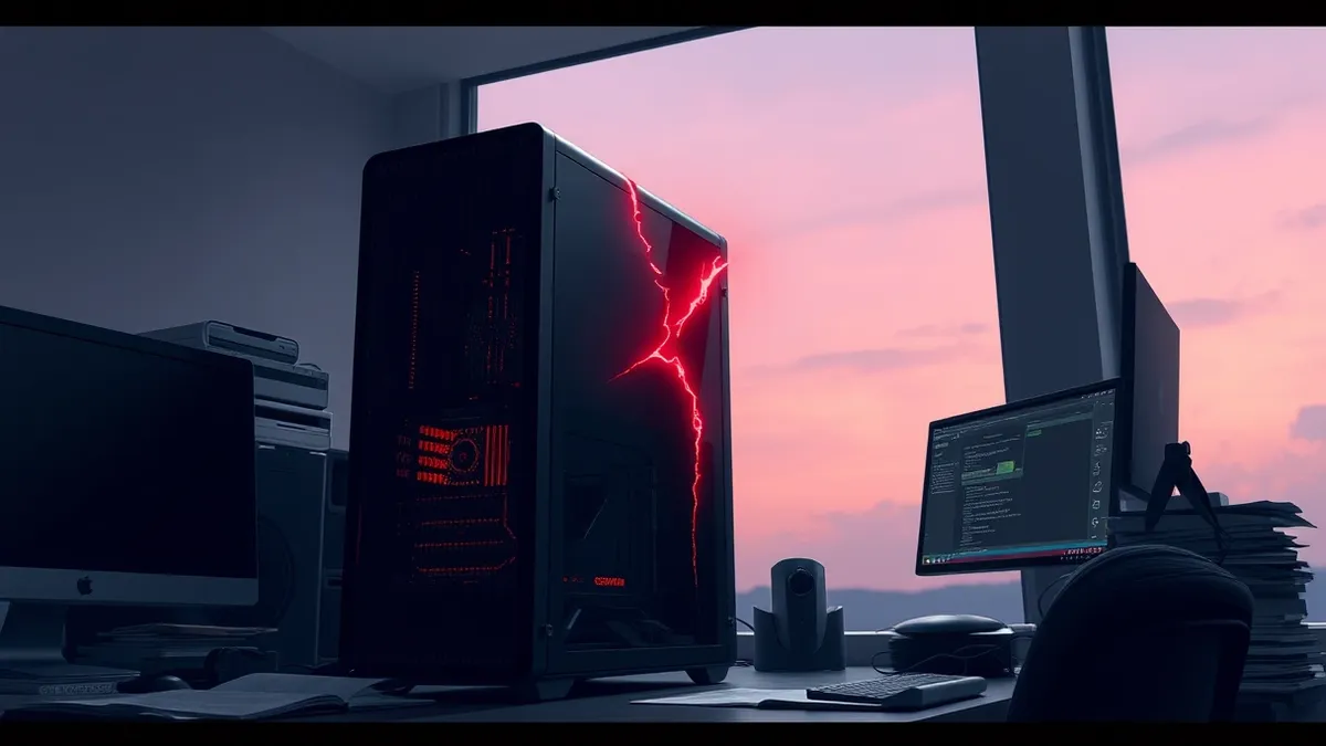Illustration: A sleek black server tower sits on a cluttered office desk.