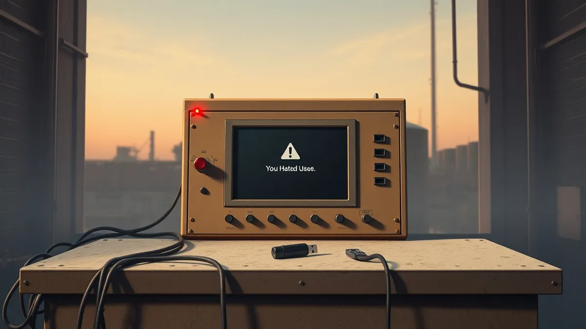 Illustration: A red warning light blinks on a beige industrial control panel in a dim factory room.