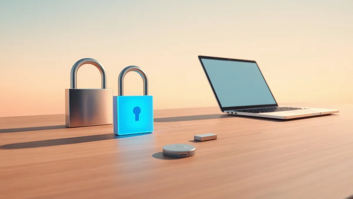 Illustration: A sleek digital key rests on a wooden desk next to a traditional metal padlock and a small physical USB security token.