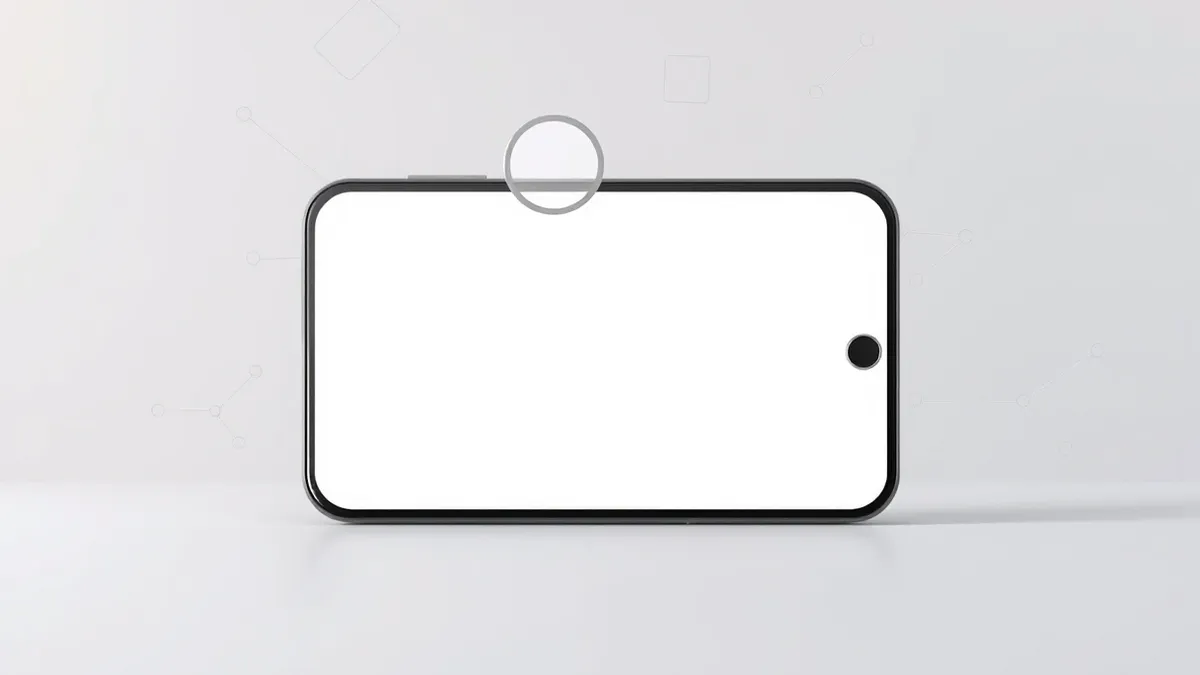 Illustration: A generic smartphone screen displays a single blank input field with a magnifying glass icon hovering above it, set against a neutral gray background with faint, abst